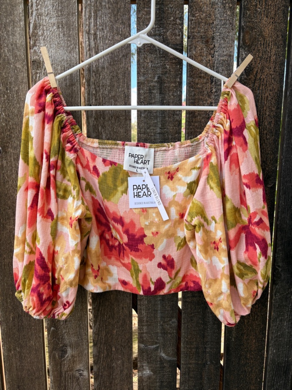 Paper Heart Linen Blend Floral Puff Sleeve Crop Top NWT in Pink & Orange Sz L